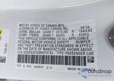 2024 Honda Civic Sport z USA, uszkodzony, nr VIN 2HGFE2F50RH575753